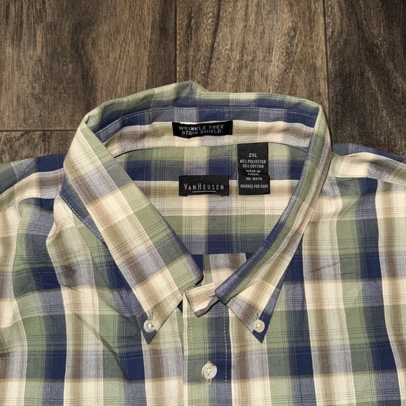 Van Heusen Wrinkle Free Green & Blue Plaid Button Down Shirt Men's Size 2XL - Picture 3 of 4